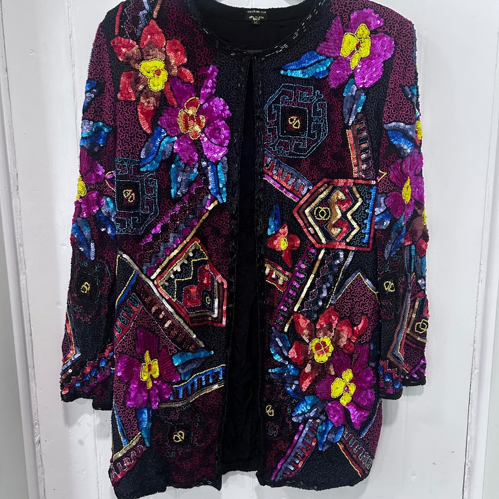 Vintage Silk Beaded Sequin Floral Geometric Open Front Jacket Multi Color Medium